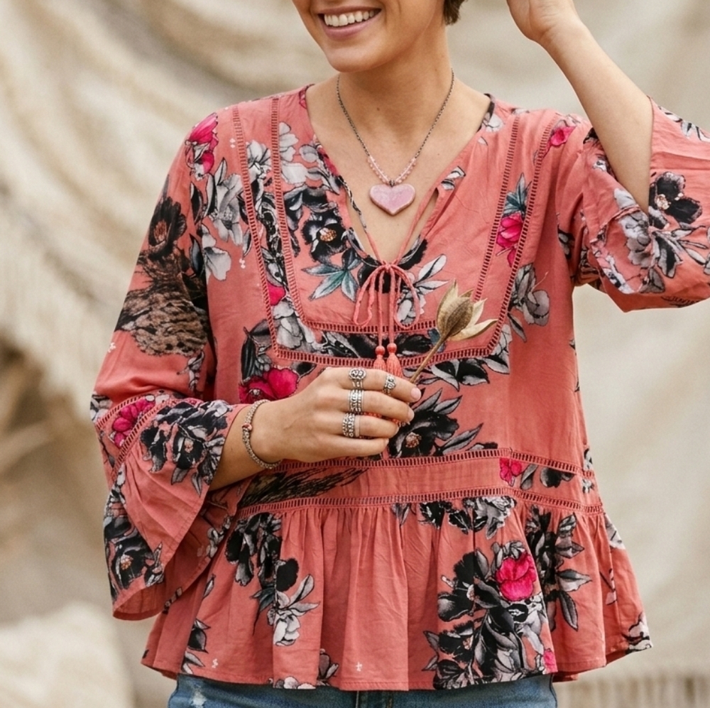 Jaase Boho Flowy Bell Sleeve Tassel Peplum Blouse Pink XL